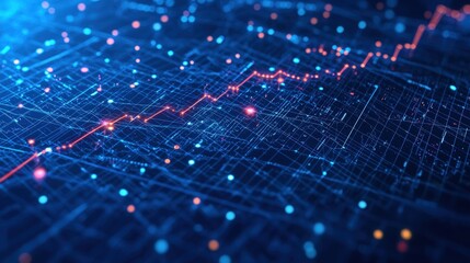 Leinwandbilder - Modern stock graph with continuous growth line and small data nodes on dark blue