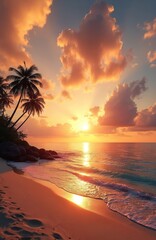 Aufkleber - Sunset seascape with coconut palm trees on coast. Colorful sea sky, sunlight rays in calm water. Panoramic travel destination with exotic tropical beach. Paradise vacation background for tranquil