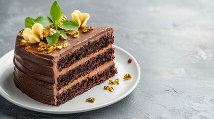 Aufkleber - slice of exquisite chocolate cake adorned with gold flakes and green leaves on white plate, showcasing rich and luxurious dessert