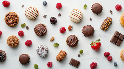 Aufkleber - variety of exquisite desserts, including chocolates and pastries, are artfully arranged on white marble background, surrounded by fresh berries and mint leaves