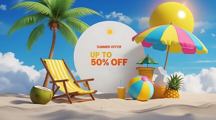 Poster - 3d summer sale background template, banner, poster for product promotion. Summer sale podium on beach background with palm tree, sun.