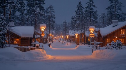 Poster - Winter street with festive lights, snow-covered wooden cabins, and tall trees at dusk; ideal for travel