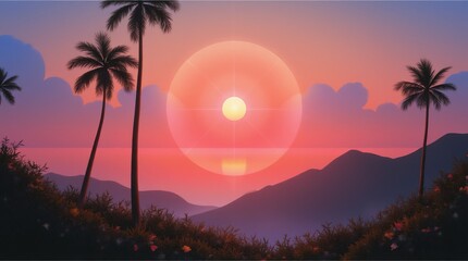 Poster - A sunset with a large sun in the middle of the sky