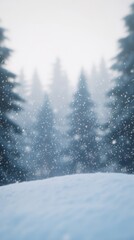 Aufkleber - Snow gently falls in a tranquil forest, creating a serene winter scene. Tall evergreen trees stand in the background, partially obscured by the soft, falling snowflakes