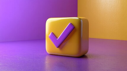Aufkleber - Yellow cube with purple check mark on purple background, abstract design. Modern aesthetics and graphic concept