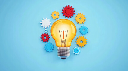 Aufkleber - A bright light bulb surrounded by colorful gears on a blue background, symbolizing innovation and creativity
