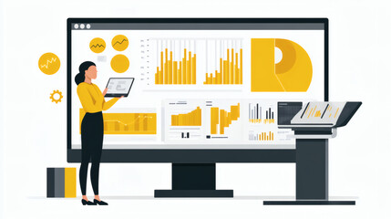 Poster - A woman in yellow analyzes data on a large screen with charts and graphs, showcasing insights and statistics in a modern office setting