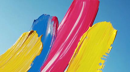 Poster - Vibrant brush strokes in blue, pink, and yellow create a lively, abstract composition against a clear sky background