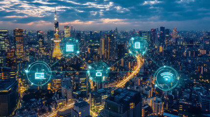 Poster - A stunning urban skyline at dusk, highlighted by digital icons representing connectivity, data transfer, and modern technology in a vibrant city