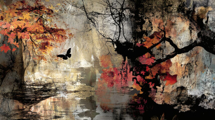 Poster - A serene landscape featuring autumn trees, a reflective water surface, and a bat flying, creating a tranquil, natural atmosphere