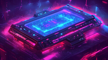 Poster - A futuristic, neon-lit digital platform surrounded by glowing circuitry, evoking a sci-fi atmosphere with vibrant colors