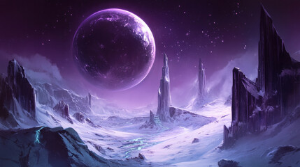 Poster - A surreal, purple-hued alien landscape features towering rock formations under a large celestial body, creating an otherworldly atmosphere