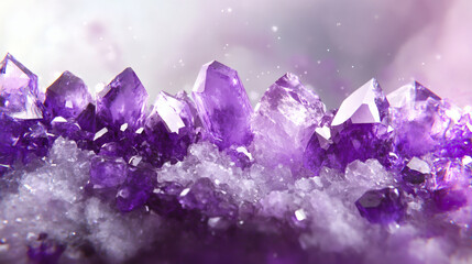 Poster - A stunning close-up of shimmering purple amethyst crystals, showcasing their vibrant color and intricate formations against a soft background
