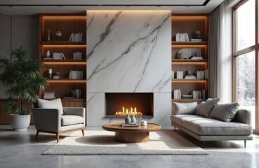 Aufkleber - Interior design features marble fireplace. Stone wall is in living room with shelves and decorative accessories. Modern sofa and chair. Cozy interior, winter season visible through the window.