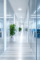 Poster - Modern office corridor with plants and glass walls
