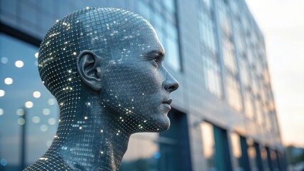 Poster - The Future is Now: A futuristic humanoid with a digitized appearance, stands confidently against the backdrop of a modern building, representing technological advancement. 