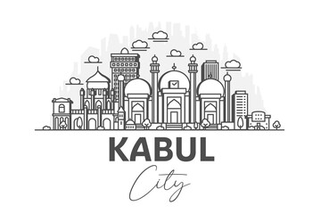 Wall Mural - Kabul, Afghanistan architecture line skyline illustration with shadows. Linear vector cityscape with famous landmarks, city sights, design icons.