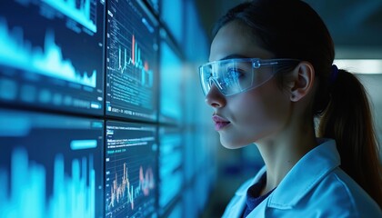 Poster - Medical researcher analyzes data with AI. Woman in lab coat, safety glasses reviews charts, graphs on screens. Future medicine, biotech, big data, personalized treatment, science concepts. Health