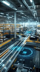 Poster - Aerial view of a modern automated warehouse with glowing pathways and organized shelves