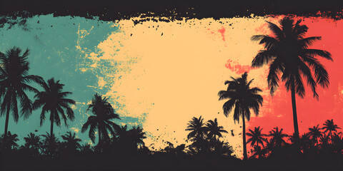 Poster - The grunge strip uses reggae colors with silhouettes of coconut trees.