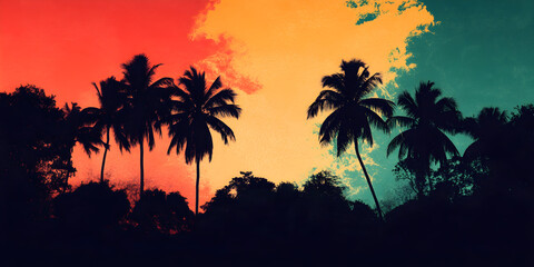 Wall Mural - Silhouettes of a group of coconut trees against a background colored in a reggae style.