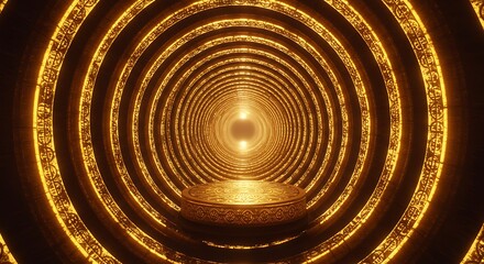 Poster - A mesmerizing golden rings tunnel leading to a futuristic platform, creating an abstract sci-fi atmosphere with radiant light effects