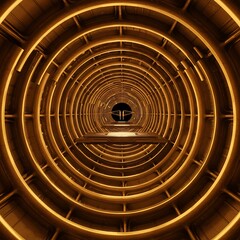 Poster - A mesmerizing golden rings tunnel leading to a futuristic platform, creating an abstract sci-fi atmosphere with radiant light effects