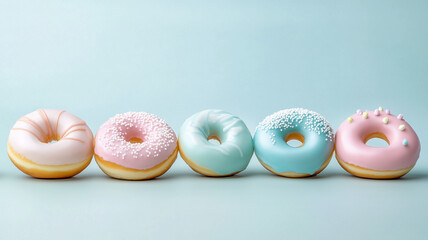 Variety of donuts with sprinkles, multicolored collection, homemade baking, cake, pastry and dessert, sweet food 