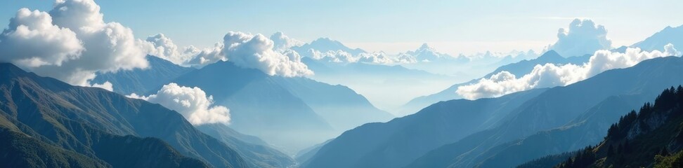 Wall Mural - dense clouds sprawl across mountain valley, softening rugged peaks, nature, clouds