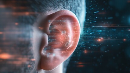 Poster - Digital sound waves are entering a human ear, representing innovative hearing solutions, audiology advancements, and the future of sound perception