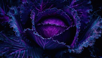 Poster - close-up of a purple cabbage with vivid neon-like hues and intricate texture patterns, suitable for graphic design or food related