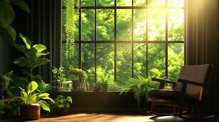Poster - Tranquil Workspace with Elegant Natural Elements and Abundant Greenery