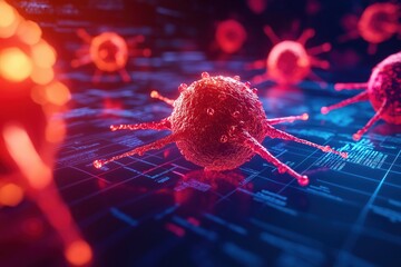 Poster - 3D Molecular Model of Cancer Cell Surrounded by Data and Technology Elements