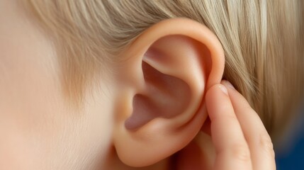 Poster - Close up of a child's ear being touched by their fingers, possibly indicating hearing problems, ear infection, or discomfort, emphasizing the importance of pediatric auditory health