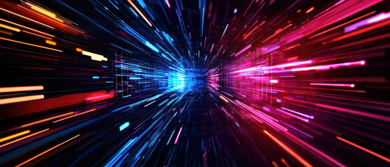 Fototapete - Vibrant light trails create dynamic sense of speed and motion in digital space