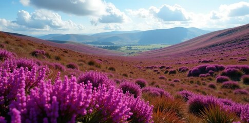 Wall Mural - rolling hills of purple heather in the scottish highlands landscape, purple heather, heather