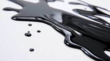 Wall Mural - Close-up of glossy black paint flowing on a white surface, creating an artistic and abstract effect