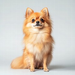 Wall Mural - Charming small dog sitting elegantly on a soft gray background, perfectly highlighted to emphasize its natural beauty