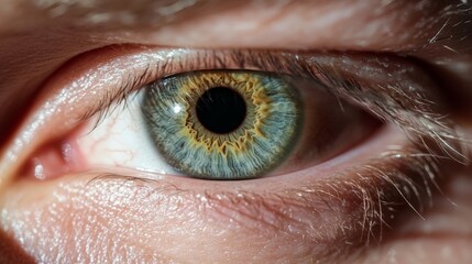 Poster - Extreme close up of an open human eye showcasing the complex structure of the iris, pupil, and surrounding skin, highlighting the beauty and intricacy of the organ responsible for vision