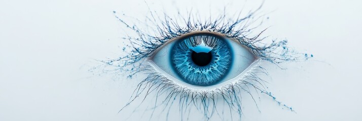 Poster - Artistic representation of a vibrant blue eye with eyelashes splashing outwards, creating a captivating visual that emphasizes vision, the iris, and the delicate beauty of the eye