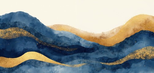 Poster - Luxury background with abstract golden navy blue waves, curves. Elegant illustration with fluid art dynamic flow texture. Swirls with glitter lines, sparks. Concept for spa, massage, meditation.