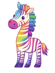 Poster - Cartoon zebra illustration featuring vibrant and colorful stripes on a white background isolated on transparent background.