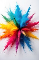 Poster - Rainbow powder color explosion isolated on white background. Abstract burst of colored dust particles in vertical design. Celebration with paint and pigment for holi festival posters and banners.
