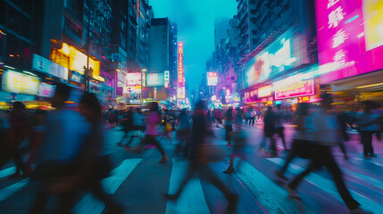 Poster - Vibrant and fast paced city nightlife scene with blurry crowds of pedestrians neon lights towering skyscrapers and a lively energetic atmosphere