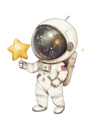 Poster - Astronaut holding a gold star in space with a bright star in the background isolated on transparent background.