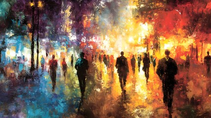 Poster - Vibrant and Moody Rainy City Nightscape with Blurred Silhouettes of People Walking Through the Colorful Glowing Illumination of the Urban Landscape