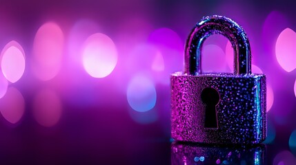 Poster - Metallic padlock with water drops illuminated by neon purple and blue lights against defocused bokeh background, concept of digital security and data protection.