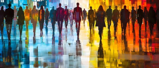 Poster - Vibrant Blurred Cityscape with Silhouetted Commuters in Motion   Abstract urban scene depicting the fast paced energy and momentum of a busy city downtown during rush hour