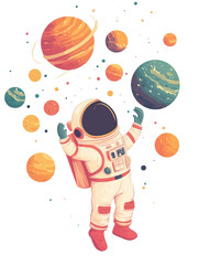 Poster - Astronaut floating in outer space surrounded by colorful planets and distant stars in the universe isolated on transparent background.