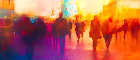 Poster - Vibrant blurred image of a large crowd of people walking on an illuminated city street at night  The scene is filled with colorful lights reflections and a sense of motion and urban energy